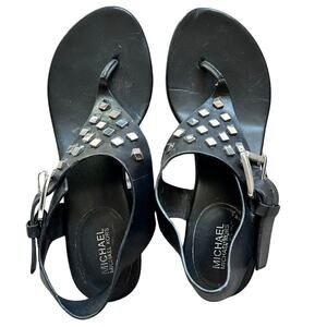 Michael Kors Black Studded Valencia Thong Block Low Block Heel Sandals Size 5.5